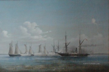 Orlogsskibet Hekla i kamp med tyske kanonbade 16 august 1850 Kriegsschiff Seeschlacht Ölgemälde
